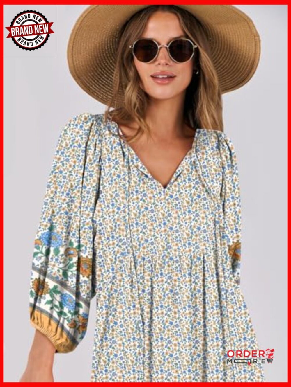 V Neck Puff Sleeve Floral Maxi Dress Boho Tiered Swing - Picture 3 of 7
